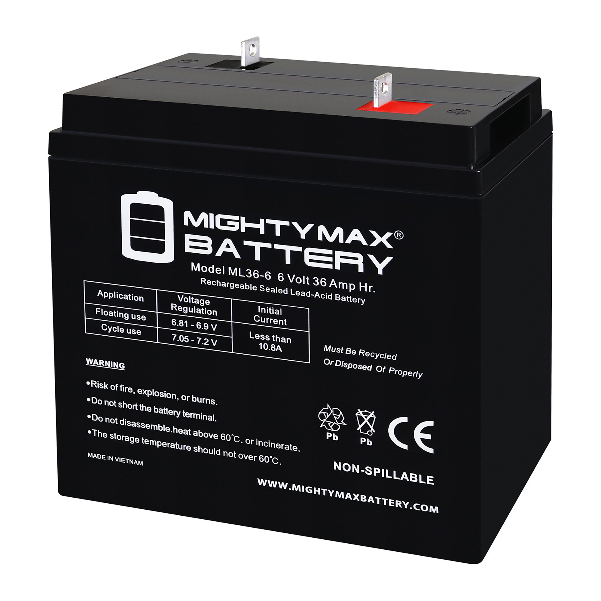 Mighty Max Rechargeable SLA AGM Battery — 6V, 36Ah, NB Terminal, Model# MAX4157563
